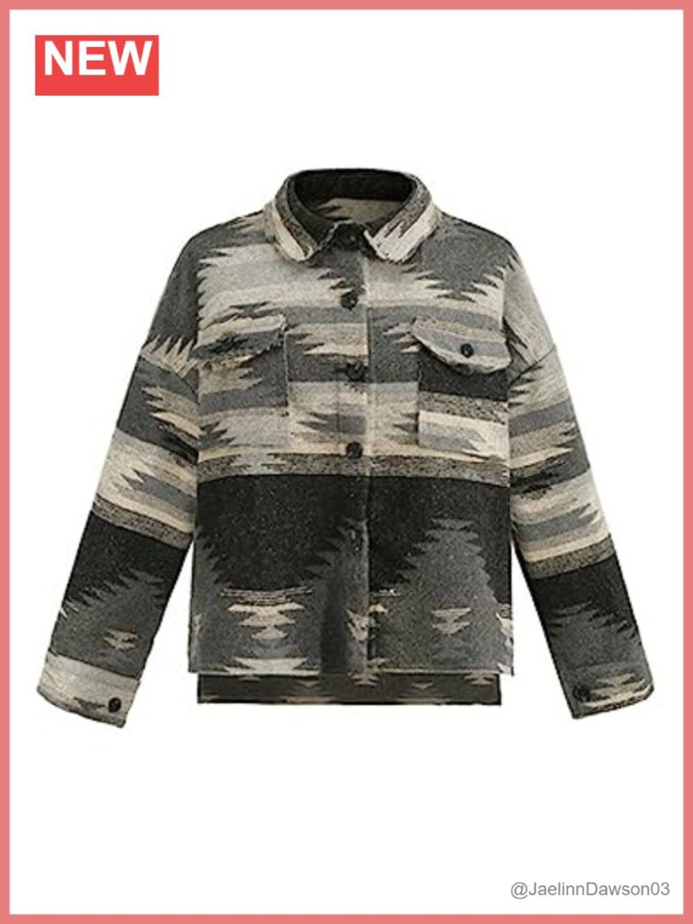 Vintage Aztec Print Loose Shacket Button Down Long Sleeve Woolen Jacket Shirt